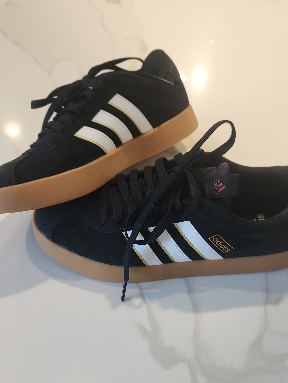 adidas Men’s Black Suede Sneakers with White Stripes and Gum Sole Size 6